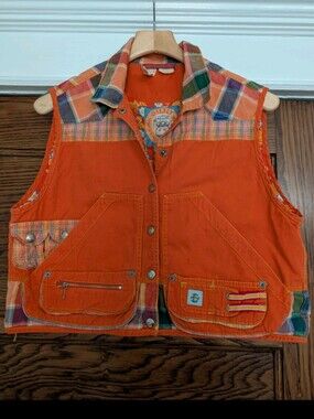 Oilily Orange Patchwork Cotton Vest with Plaid Accents Vintage Xs
